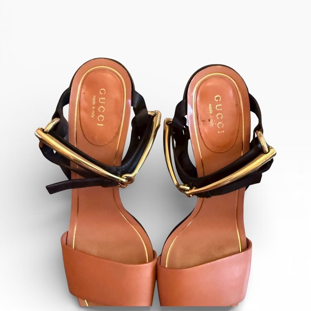Gucci Horsebit Accent Leather Block Heel Sandals - Black & Cognac EU 38.5 US 8.5 - Picture 13 of 15